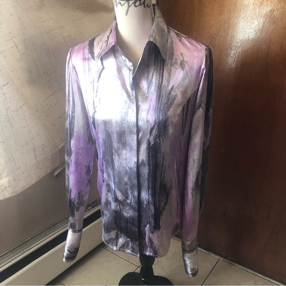 Jones New York Blouse Office Wear LS Size 6 Lilac & Black Shimmery Button Front